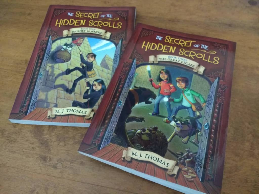 The Secret of the Hidden Scrolls take kids ages 6-9 on adventures back in time to actual Bible history. We read The Great Escape & Journey to Jericho.